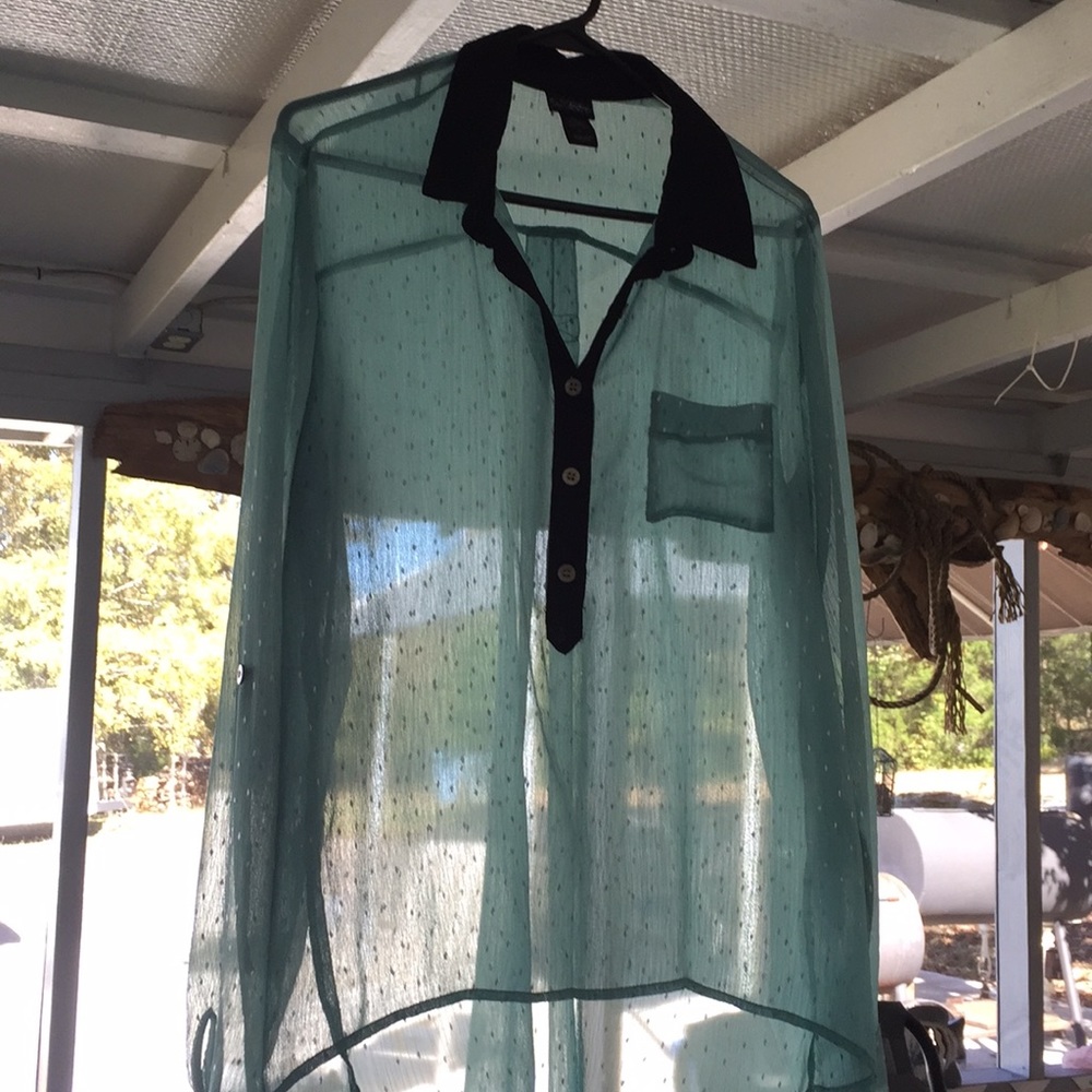 Sheer top long sleeves black moss green silver